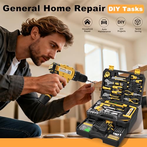 Tool Kit Box Drill Set with 12V Power Cordless Drill 299-Piece Tool Kit for Home Tool Set Storage Case with Drawer General Household Drill Set for Home Mechanics Repairs Men & Women, DIY