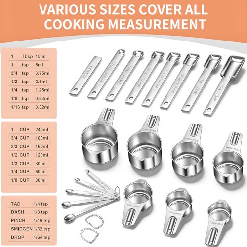 EWFEN Measuring Cups and Spoons Set, 7 Stainless Steel Nesting Measuring Cups & 7 Spoons, 5 Mini Measuring Spoons &1 Leveler, Kitchen Gadgets for Cooking & Baking, Square - color: Square Spoons