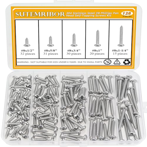 128 Pieces #8 x 1/2" 5/8" 3/4" 1" 1-1/4" Wood Screws Set, Phillips Pan Head #8 Self-Tapping Screws Assortment Kit, 304 Stainless Steel - size: #8, style: Phillips Pan Head