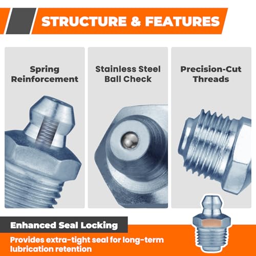 100PCS Grease Fittings Assortment, 18 Essential Sizes SAE & Metric Zerk Grease Fittings Kit– Includes UNF NPT 1/4" 1/8" M6 M8 M10, Straight 45 90 Degree for Grease Guns - size: 100