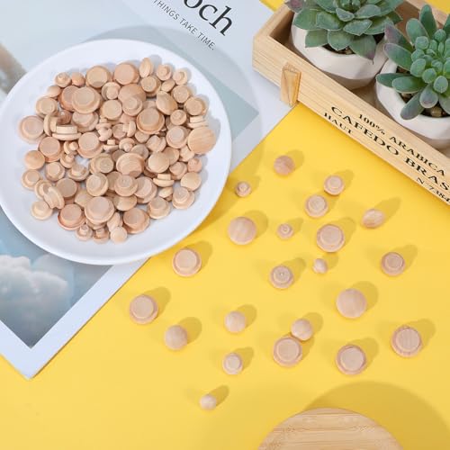 120 Pcs 4 Sizes Wood Plugs for Screw Holes, Wooden Hole Plugs Mushroom Head Shape 3/16, 5/16, 3/8, 1/2 Inch Button Hardwood Hole Stoppers Screw Covers Wood Caps for Gap in Locking Tube Furniture