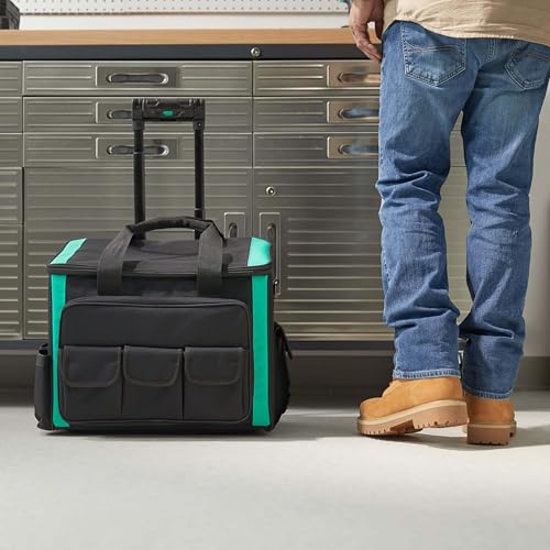 Amazon Basics Tool Storage Rolling Bag with LED Light, 20 Pockets, Adjustable Shoulder Strap, Black - size: Rolling Bag