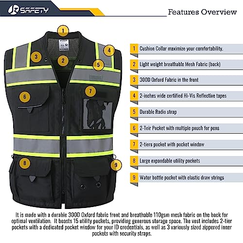 JKSafety Hi-Vis Unisex Surveyor Safety Vest Heavy Duty PPE Inner Pockets ANSI/ISEA Compliant - color: 188-black, size: 3X-Large