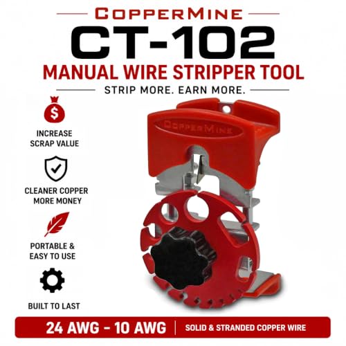 CopperMine CT-102 Manual Copper Wire Stripper Tool, Portable Handheld Wire Stripping Tool for Scrap Copper Recycling, Adjustable Cable Stripper for Solid & Stranded Electrical Wire 24 AWG to 10 AWG