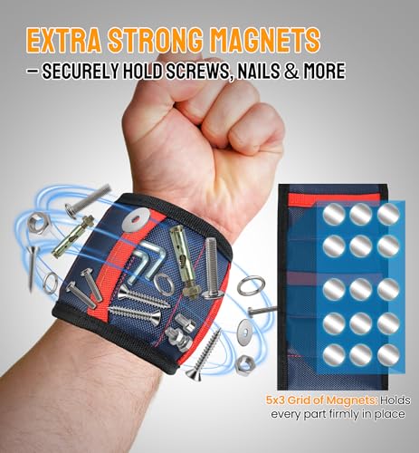 HiRui Magnetic Wristband for Tools – Ultra-Strong 15 Neodymium Magnets Hold Screws, Nails & Bits, Dual Pockets – Hands‑Free for DIY, Home Repairs, Auto – Gift‑Ready for Dad, Husband, Grandpa (Blue) - color: Blue