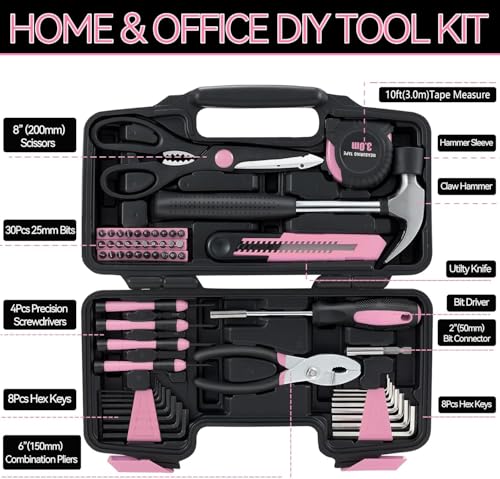 MARTCOLOR Pink Household Tool Set for Women with Storage Case, 58-Piece - color: Pink