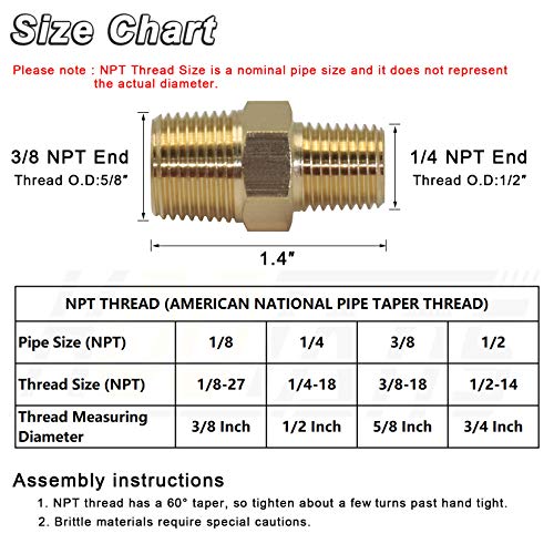 KOOTANS 3/8 NPT x 1/4 NPT Male Solid Brass Hex Nipples,4 PACK - size: 3/8 NPT x 1/4 NPT (O.D x O.D: 5/8'' x 1/2'')