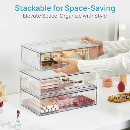 Vtopmart Clear Stackable Storage Drawers, 2 Pack Wide Plastic Organizers | Clear Pull-Out Plastic Drawers, Stackable Design for Makeup Palettes, Cosmetics, Beauty Supplies, Vanity, Cabinet and Desk - style: 2pack Wide