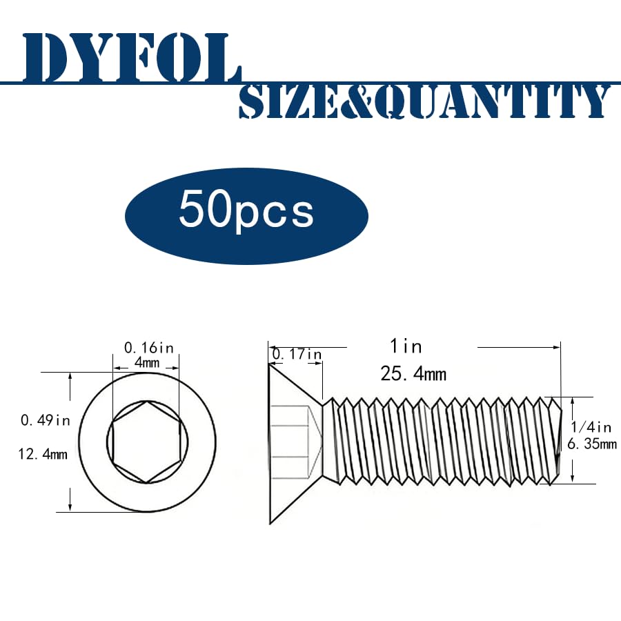 50Pcs 1/4" 20x1 Flat Head Socket Cap Bolts Screws,304 Stainless Steel 18-8, Allen Hex Drive, Bright Finish,Fully Threaded by DYFOL (1/4"-20x1in 50pcs) - size: 1/4"-20×1