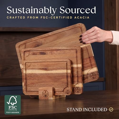 Deer & Oak Non Toxic 3-Piece Acacia Cutting Board Set with Stand
