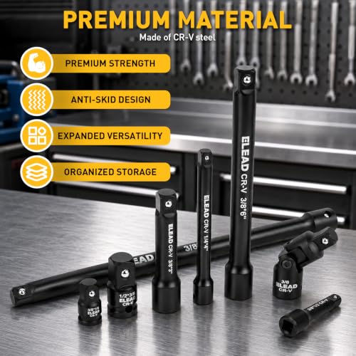 11-Piece Socket Extension Bar Set, 1/4", 3/8" & 1/2" Drive Ratchet Extensions 2", 3", 4", 6" & 10" with Swivel Universal Joints, Socket Adapters, CR-V Steel for Tight Spaces - style: 11-Piece 1/4" & 3/8" & 1/2"