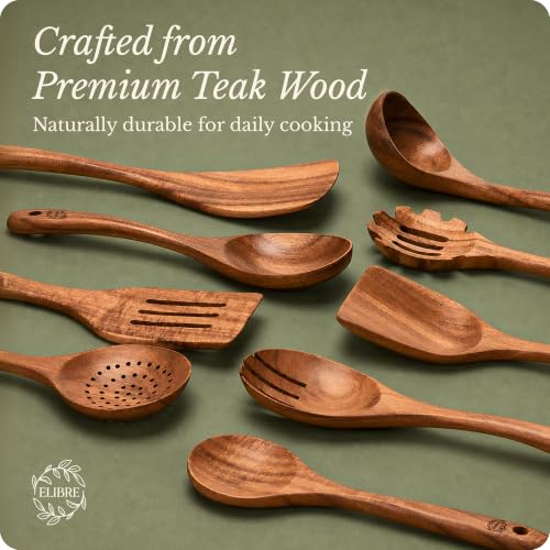 ELIBRE 9-Piece Teak Wood Kitchen Utensil Set, Heat-Resistant, Food Grade