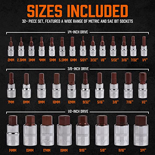 High Torque Master Hex Bit Socket Set, 32-Piece SAE & Metric Allen Socket Set, Premium S2 Alloy Steel, Durable Storage Case, 1/4", 3/8", 1/2" Drive, for Automotive & Mechanical Work - color: 32 Pcs Orange