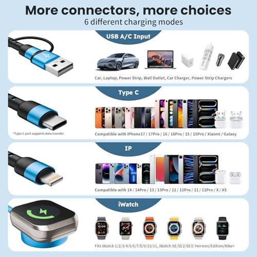 Travel Essentials Multi Charging Cable Cord for iPhone 17/iWatch Charger/IP - color: Sky Blue, size: 2Pack5FT