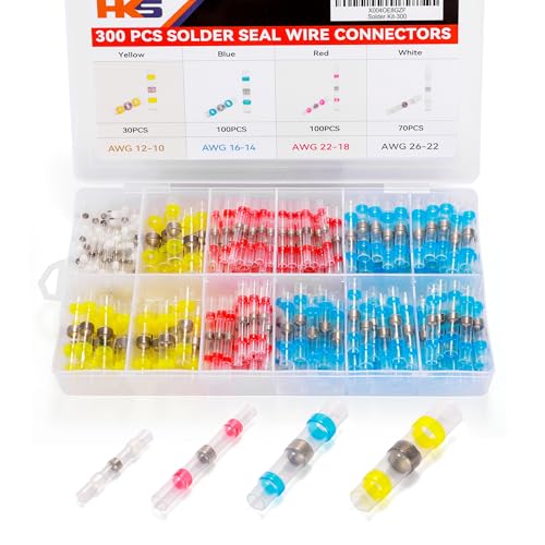 HKS 300PCS Solder Seal Wire Connectors Kit – Waterproof Heat Shrink Butt Terminals – 26-10 AWG – Automotive, Marine, Boat, Home Wiring Repair - color: Mix 26-10 AWG, size: 300PCS