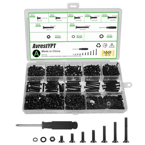 1001 Pcs M3 Countersunk Screws Assortment Kit, Flat Head Machine Screws Phillips Bolts Nuts Washers Assortment Kit with Screwdriver for Electronics, Machinery - M3x6/8/10/12/16/20/25mm - size: M3x6/8/10/12/16/20/25-1001Pcs