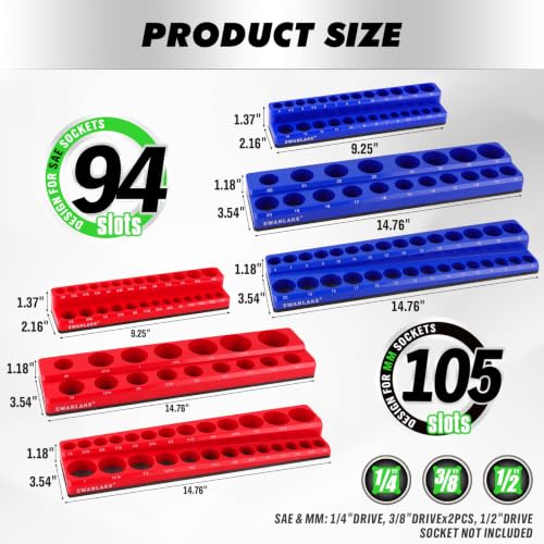 8-Piece Magnetic Socket Organizer Set, SAE & Metric Socket Holders for 1/4", 3/8", 1/2" Drive, Holds 199 Sockets, Rubber-Coated Toolbox Storage Trays, Blue and Red Tool Box Organizer - style: 8PCS Red/Blue