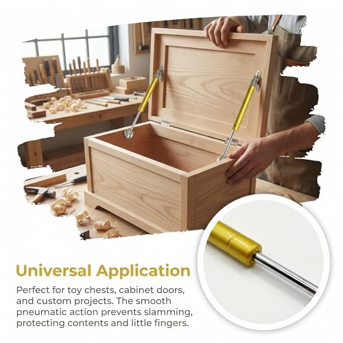 100N Soft Close Safety Gas Strut Hinges, CJQZP 2 Pack Heavy Duty Toy Box & Cabinet Hinges for Curved, Round, Arched & Flat Lids (Golden) - color: Yellow
