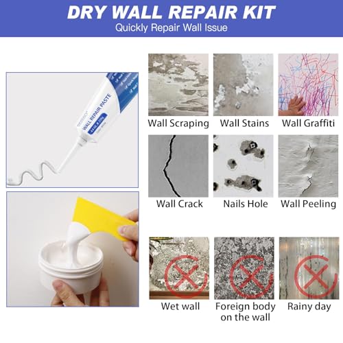 SEISSO Drywall Repair Kit, White- Wall Mending Agent 250 g* 2, Wall Repair Paste Plaster, 1 Pack Wall Putty, Repair Tape and Wall Repair Patch with 2inch 4inch, Quick Fill Crack and Nail Hole - style: 2pcs paste + putty