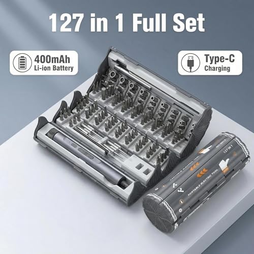 Mini Electric Screwdriver Cordless Set, 127-in-1 Precision Magnetic Bits, Rechargeable USB-C, LED Light, Manual & Electric Modes, Portable Repair Tools Kit for Electronics, Phones, Laptops