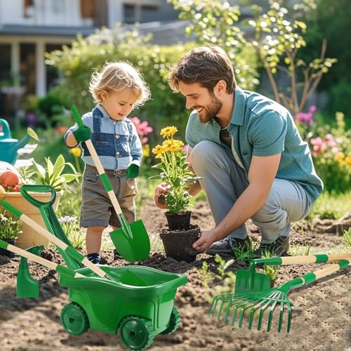 Duckura Kids Gardening Tools Set, Wheelbarrow Sets Outdoor Yard Toy Ages 3+ | Real Shovel Rake Hoe and Leaf Rake, Outdoor yard Play, Digging Weed Garden Educational Toys, Gift for Toddler Boys & Girls - color: Green-11pcs