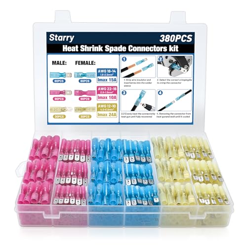 380PCS Heat Shrink Male and Female Spade Connectors Kit - Male & Female Blade/Spade Wire Terminals,AWG 22-10 Waterproof Electrical Terminals,for Marine Wiring/Electrical Projects