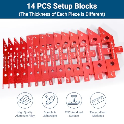 Table Setup Blocks for Woodworking, 14pcs Aluminum Alloy Woodworking Tools Precision Set up Bars, Height, Depth, Angle & Fence Alignment Gauge Set - Router and Table Saw Accessories with Storage Case