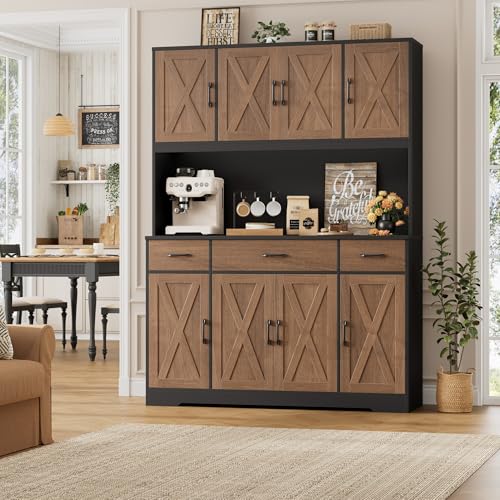 HOSTACK 71" Tall Kitchen Pantry Cabinet, 55" W Kitchen Hutch, Brown/Black | Large Pantry Cabinet with Charging Station / Countertop / 3 Drawers, Farmhouse Hutch Cabinet with Storage for Dining Room - color: Brown/Black