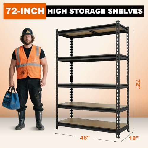 Big RED Storage Shelving Unit, 5-Tier Adjustable, Heavy Duty Metal Garage Shelves/Utility Rack for Kitchen, Pantry, Basement, Bathroom, Laundry - 2,000 lbs Capacity, Black, 72" H x 48" W x 18" D