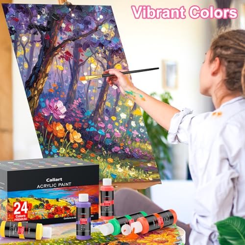 Caliart 24 Colors Acrylic Paint Set Large Bottles 4oz with 12 Brushes - color: Regular, size: 4 Fl Oz (Pack of 24)