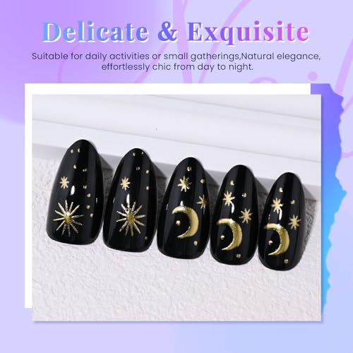 Black Star Moon Press on Nails, Long Almond Acrylic Fake Nails Design, Natural Reusable Glue-On Nails Kit for Women DIY 3D False Nail Art Decoration Gift, Salon Quality Reusable 15/30 Psc - color: 289-Star Moon, size: 24 Pieces (Pack of 1)