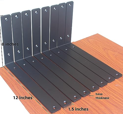 8 Pack - L 12" x H 8" x W1.5, 5mm Thick Black L Shelf Bracket, Iron Shelf Brackets, Metal Shelf Brackets, Floating Shelf, Shelf Supports with Screws - size: 12''x8'', style: Black 8 Pack