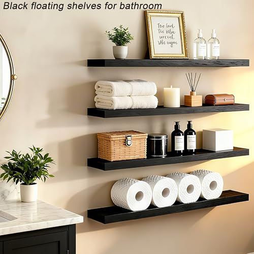 ROGMARS Black Floating Shelves for Wall 36 inch Rustic Solid Wood - color: Black, size: 36 Inch set of 4