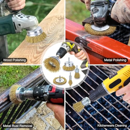 Brass Wire Brush for Drill Rust Removal, Wire Wheel for Drill, Cup Brush and End Brush Set, Wire Brush Drills Attachments, 1/4" Drill Shank, Carbon Steel Bristles (Brass Wire Brush, 28)