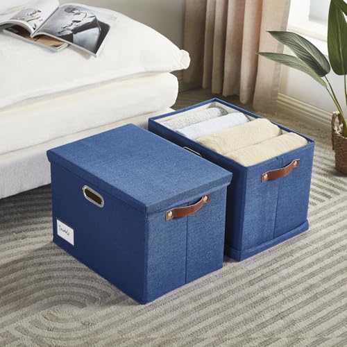 17" Large Fabric Storage Box with Lids, 3-Pack, Navy - color: Navy, size: Large-17"