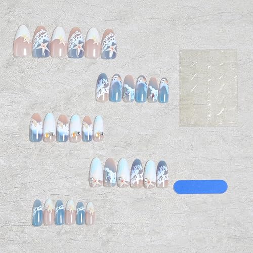 3D Color Press on Nails Almond - Medium Fake Nails with Embossed Starfish&White Bead Designs, Glossy Finish Reusable False Nails for Women Manicure(3D Embossed design 14) - color: 3D Embossed design 14