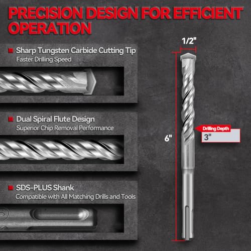 SALI SDS Plus Rotary Hammer Drill Bit Set,1/2" x 6", 10-Pack, Carbide-Tipped Masonry Bits for Concrete, Brick & Stone with Storage Case - size: 1/2"*6"
