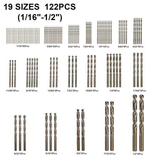Cobalt Drill Bits Set for Hardened Metal and Stainless Steel, 122Pcs 1/16"-1/2" M35 HSS Twist Jobber Metal Drill Bits, with Index Storage Case - size: 1/16-1/2 in (122 pcs)