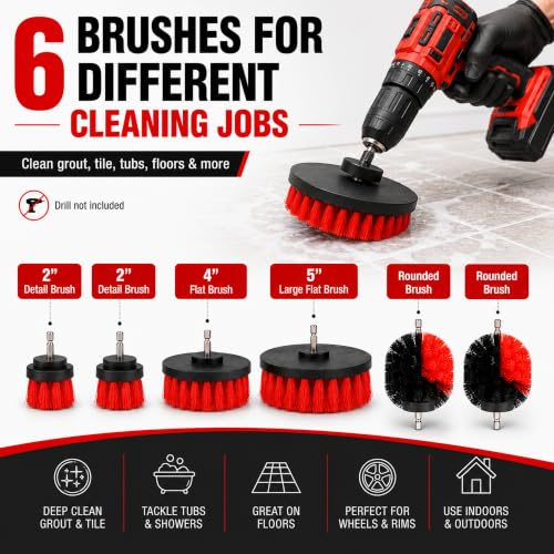 6-Piece Drill Brush Cleaning Set – Power Scrubber Attachments with 2”, 3.5”, 4” & 5” Brushes, Durable PP & PET Bristles for Bathroom, Tile, Grout, Kitchen, Tub & Floor Cleaning