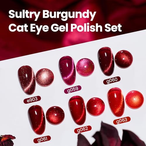 Beetles Red Cat Eye Gel Nail Polish Set, 6 Colors Glitter Red Gel Polish - color: A - Cat Eye | Sultry Burgundy