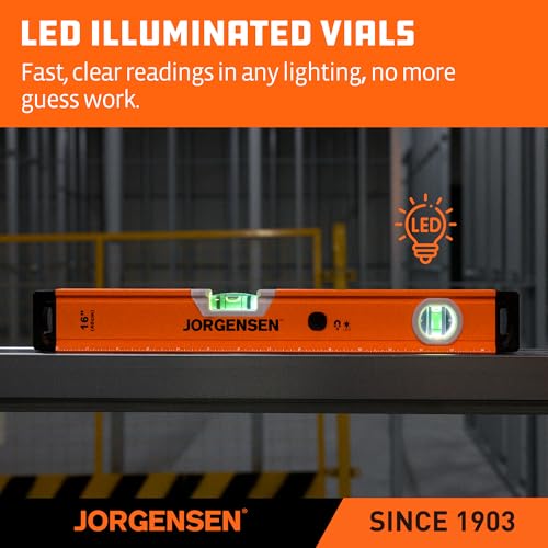 JORGENSEN 16" Magnetic LED Box Level, 90°/180° Torpedo Lighted Leveler Tool - size: 16 inch