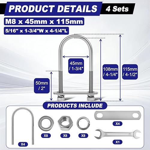 4 Sets M8 U Bolts 1-3/4 Inch Wide, 5/16" x 1-3/4"W x 4-1/4"L - size: M8 x 45mm x 115mm