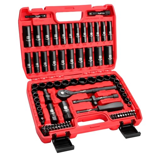 LLNEDL 3/8" Drive Impact Socket Set 95Pcs, Spark Plug Socket (5/8", 13/16") - color: Red Case