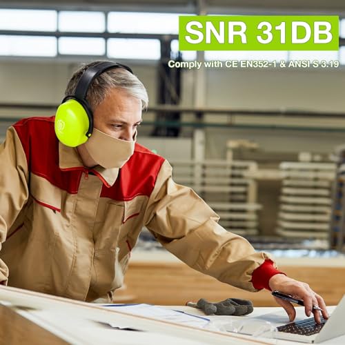 LYSIAN 31dB Hearing Protection Earmuffs, Foldable Adjustable Safety Ear Muffs for Shooting, Construction, Lawn Mowing, Adults - color: Fluorescent Yellow