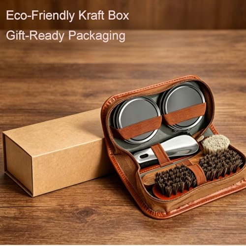 shoe care kit horsehair brush,long-handled round brush,white & black polish,polishing cloth,shoe horn,storage box. - color: Browm+black