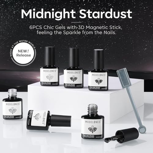 modelones Black White Gel Nail Polish, Hema Free Cat Eye Glitter Shimmer - color: A-2 Midnight Stardust