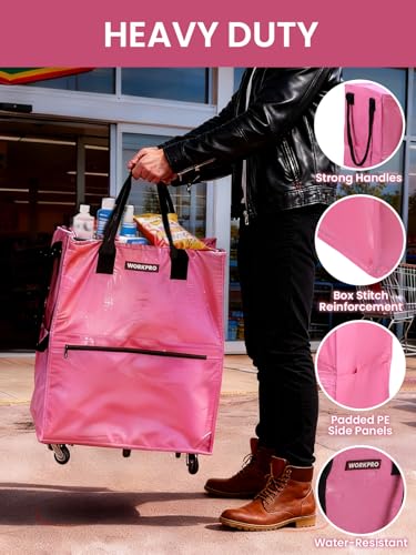 WORKPRO Large Rolling Grocery Bag, 36-Gallon Rolling Tote with 5 Wheels - color: Pink, size: Large
