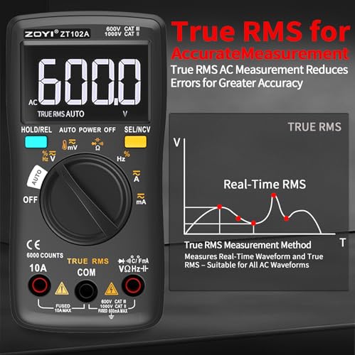 ZOYI Digital Multimeter, True RMS Auto-Ranging 6000 Counts with NCV. 750V AC, 1000V DC auto Identification, Data Hold, Resistance, Capacitance, Diode, Frequency and Temperature Measurement
