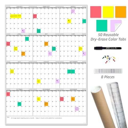 Large Dry Erase Wall Calendar - Blank Undated Yearly Wall Calendar - 38x26 Inches Whiteboard Premium Laminated Planner with 50 Reusable Color Tabs -12-Month Calendar Laminated Office Jumbo (Vertical) - size: 26"x38"Yearly