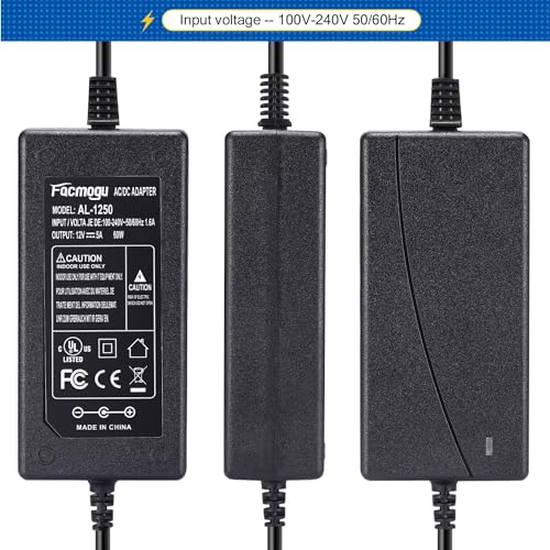 Facmogu 12V 5A Power Supply, AC 100-240V Adapter Converter Transformer 60W - size: 12V 5A (2 Prong Plug)